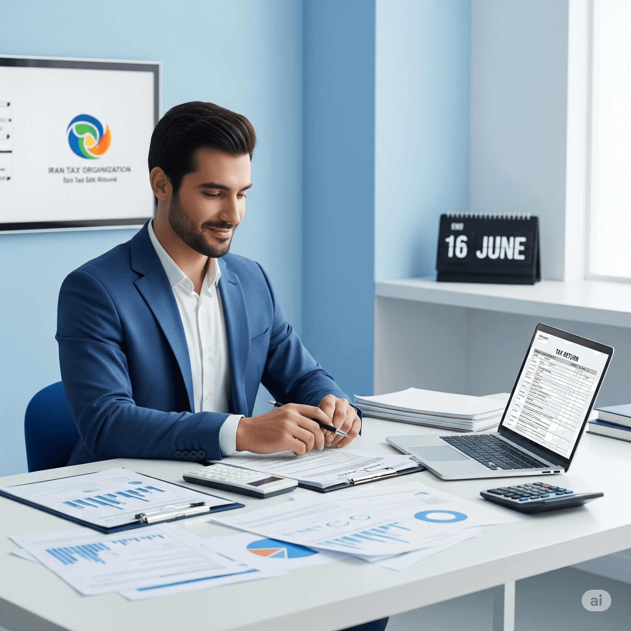 تصویر یک مرد ایرانی آرام و مطمئن پشت میز کاری مدرن در حال ارسال موفق اظهارنامه مالیاتی، همراه با لپ‌تاپ و مدارک مالی منظم – نمایانگر فرآیند بدون استرس مالیات‌دهی