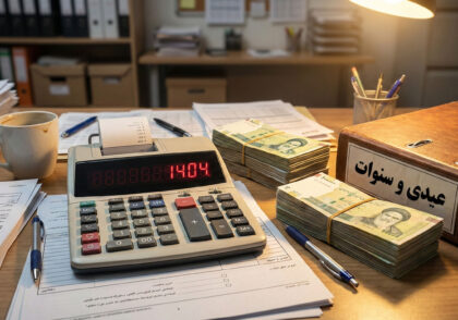 ماشین حساب و اسناد مالی روی میز برای محاسبه دقیق عیدی و سنوات ۱۴۰۴ با حقوق وزارت کار