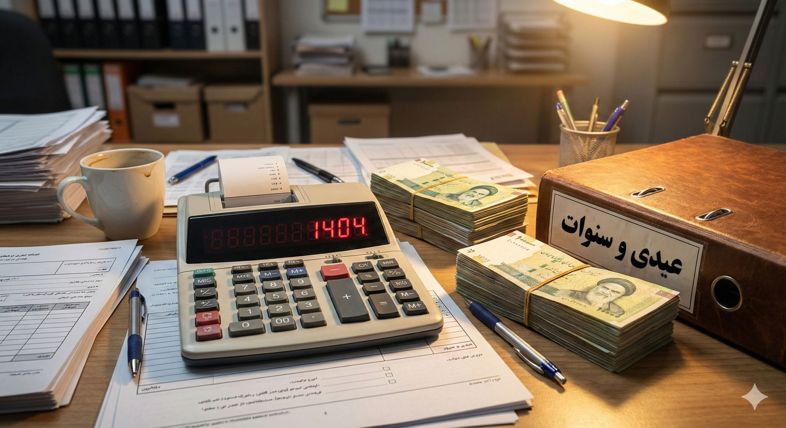 ماشین حساب و اسناد مالی روی میز برای محاسبه دقیق عیدی و سنوات ۱۴۰۴ با حقوق وزارت کار